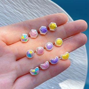 足银999纯银饰配件烧蓝彩虹糖果色月亮几何六边形圆形隔珠背云diy