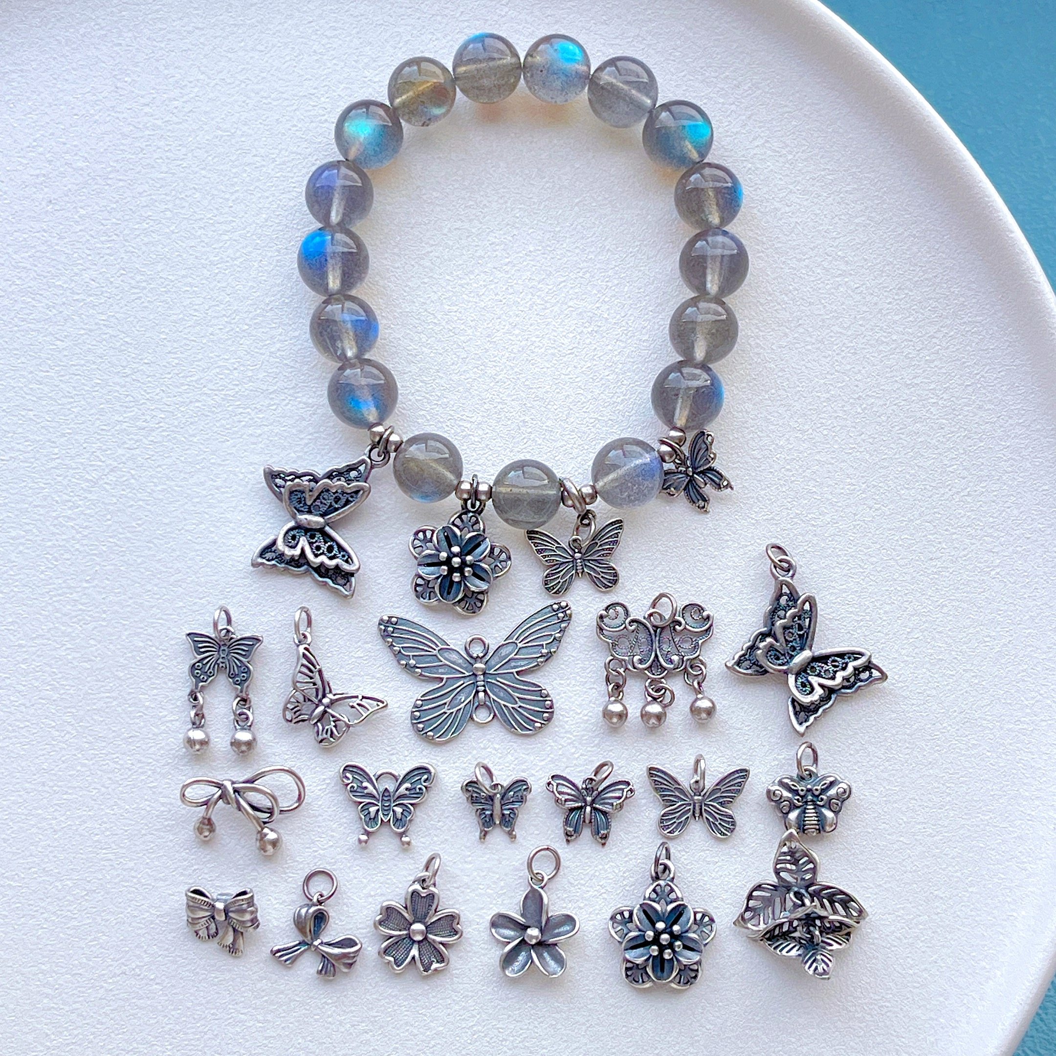 三七老银饰品配件蝴蝶吊坠提溜流苏挂坠蝴蝶结隔珠diy串手链项链