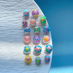 足银999纯银饰配件烧蓝彩虹糖果色花珠隔珠桶珠大孔路路通diy手串