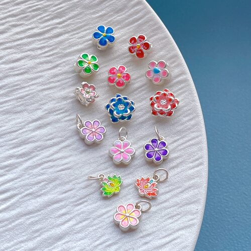 纯银彩虹糖果色小花莲花隔珠吊坠