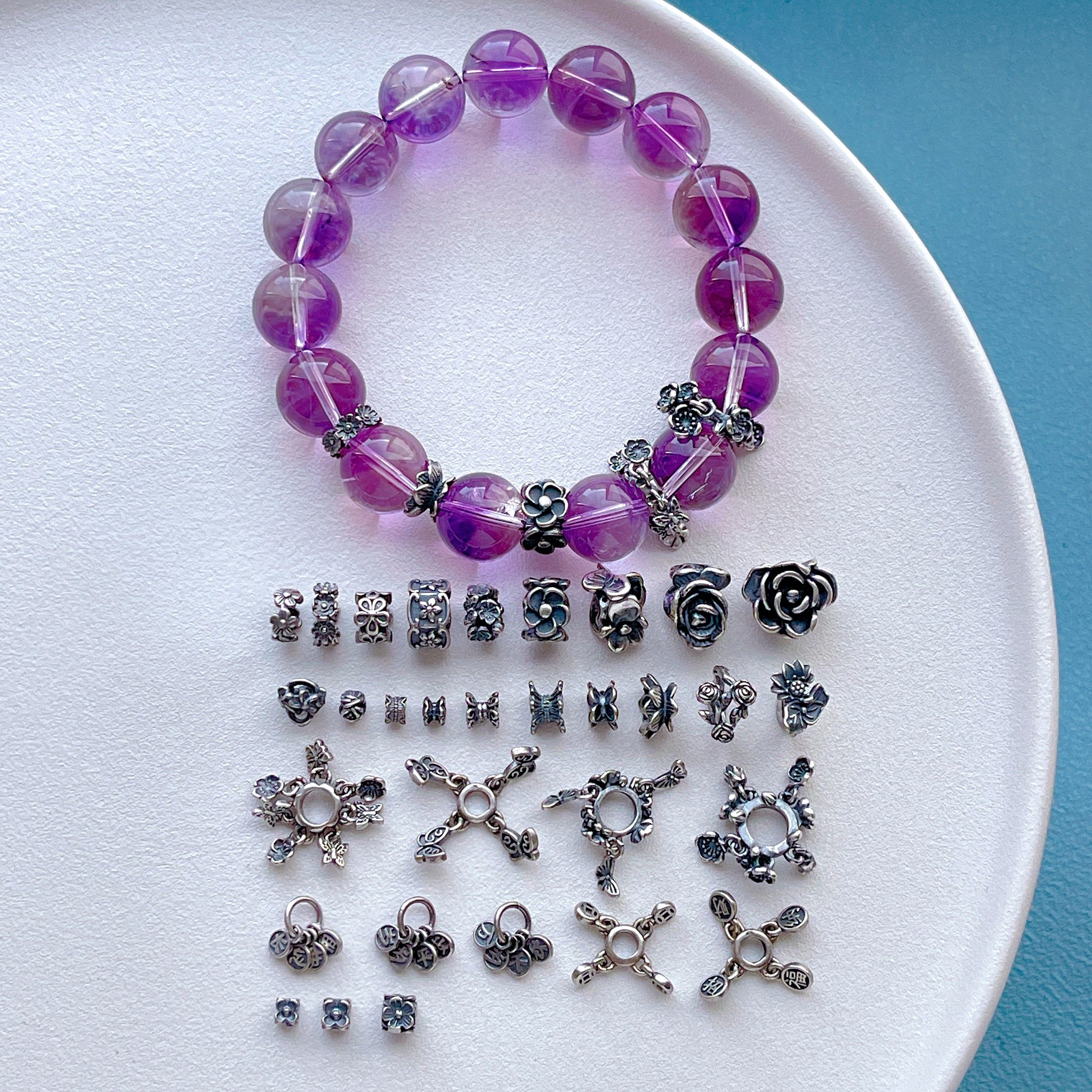 三七老银饰品配件钱币岁岁平安万岁千秋莲花四面小花隔珠吊坠diy