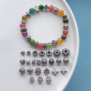 三七老银饰品配件麻花方形十字花纹大孔隔珠片车轮珠卡环diy文玩