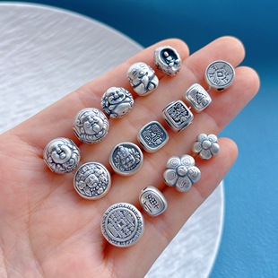 足银999纯银饰配件扎基拉姆山鬼花钱弥勒佛六字真言隔珠桶珠diy