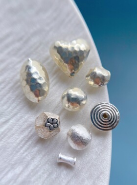 s925纯银饰配件锤纹拉丝竹节飞碟珠桶珠爱心隔珠diy手串项链编绳