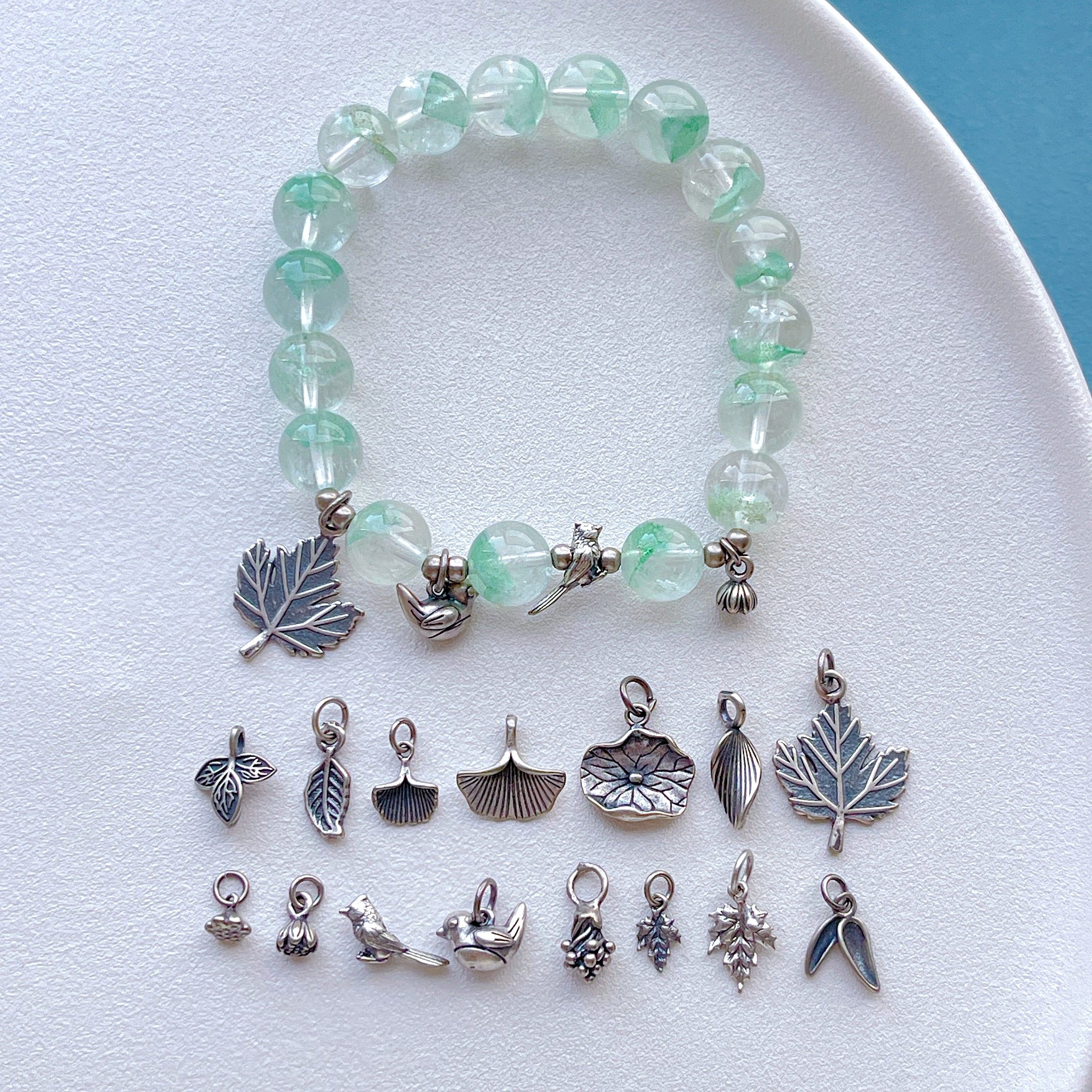 三七老银饰配件莲蓬花苞喜鹊竹叶银杏叶枫叶荷叶隔珠吊坠diy手链