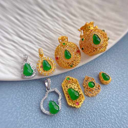 925古法金纯银配饰天然翡翠葫芦香囊盒吊坠项链挂坠女手牌隔珠diy