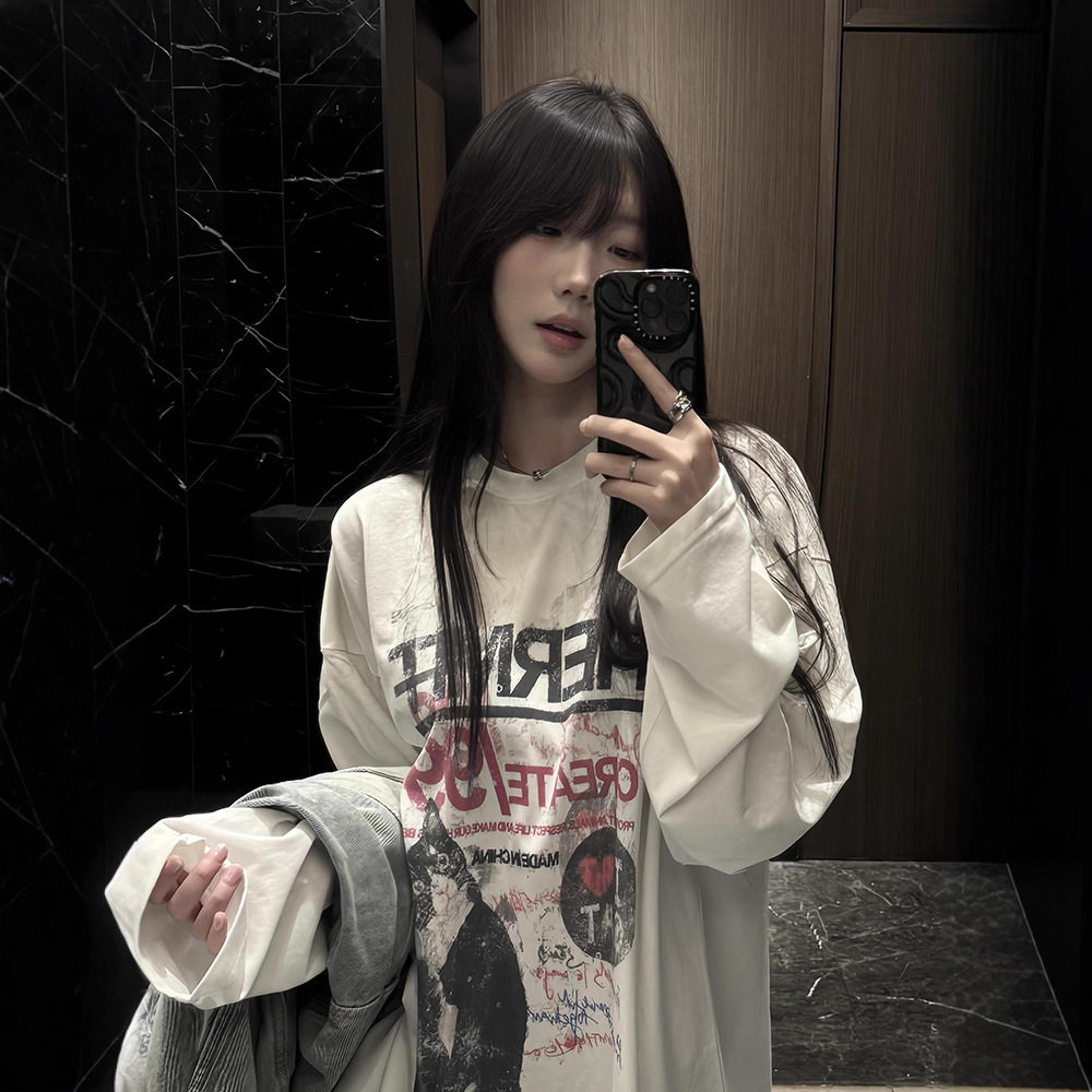 胖mm美式高街卡通猫咪大码长袖t恤女春秋潮牌情侣纯棉打底衫上衣