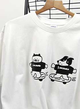 I AM MOMO小众插画滑板可爱猫咪边牧犬印花短袖T恤OVERSIZE情侣款