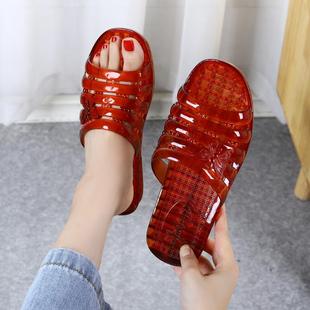妈妈水晶拖鞋 厚底外穿 防臭防滑夏季 休闲一字平底塑胶女家居凉拖鞋