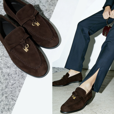 英伦反绒金属扣一脚蹬乐福鞋女