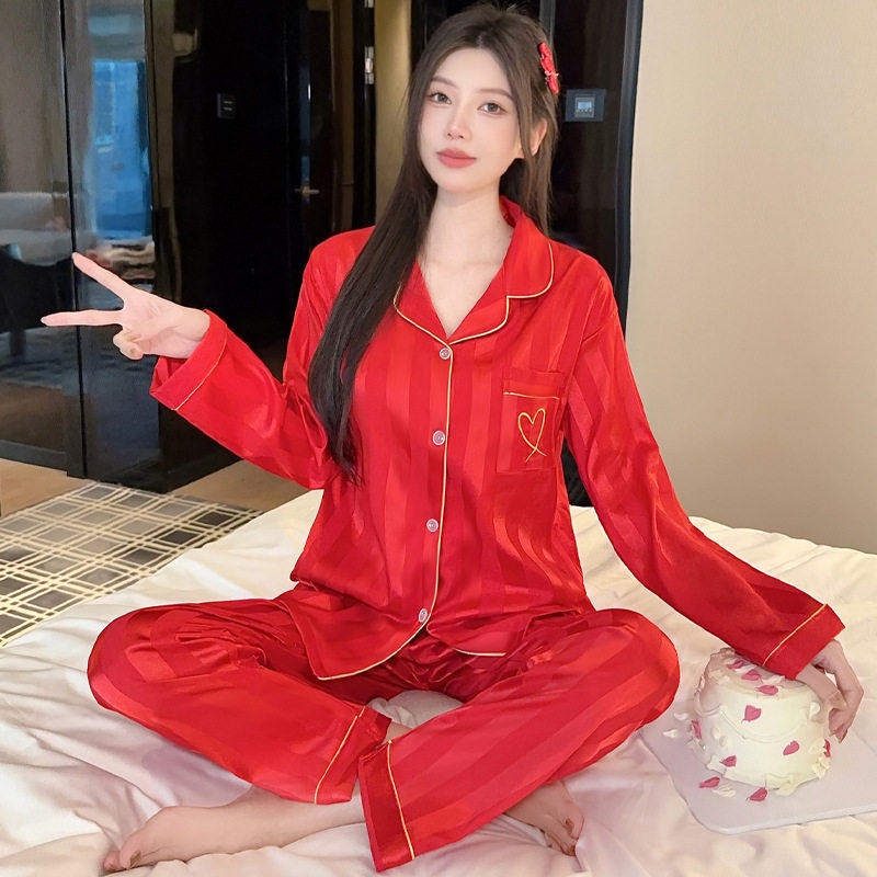 韩版女网红春秋季睡衣女红色款长袖家居服丝绸冰丝休闲仿真丝套装,女士内衣/男士内衣/家居服,睡衣/家居服套装,淘宝优惠券,粉丝福利购,淘宝优惠卷