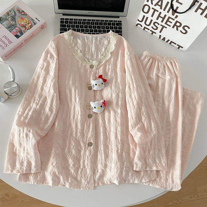 春秋天新款带胸垫睡衣女长袖宽松云朵棉家居服网红卡通凯蒂套装女,女士内衣/男士内衣/家居服,睡衣/家居服套装,淘宝优惠券,粉丝福利购,淘宝优惠卷