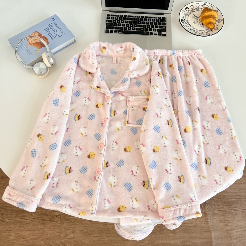 新款冬季加绒加厚开衫睡衣套装