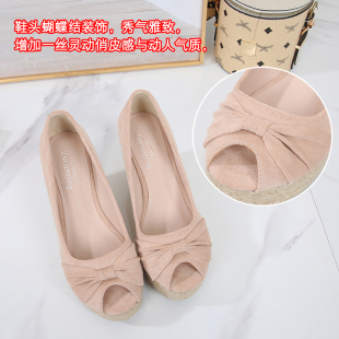 女2025新款 女厚底松糕真皮草编凉鞋 韩版 坡跟单鞋 裸色 春秋季 鱼嘴鞋