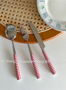 陶瓷餐具套装韩国ins法式红色格子格纹餐勺长柄勺子甜品叉水果刀