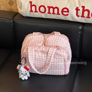 化妆包大容量女粉色格子化妆收纳包高颜值分区手提洗漱包收纳袋