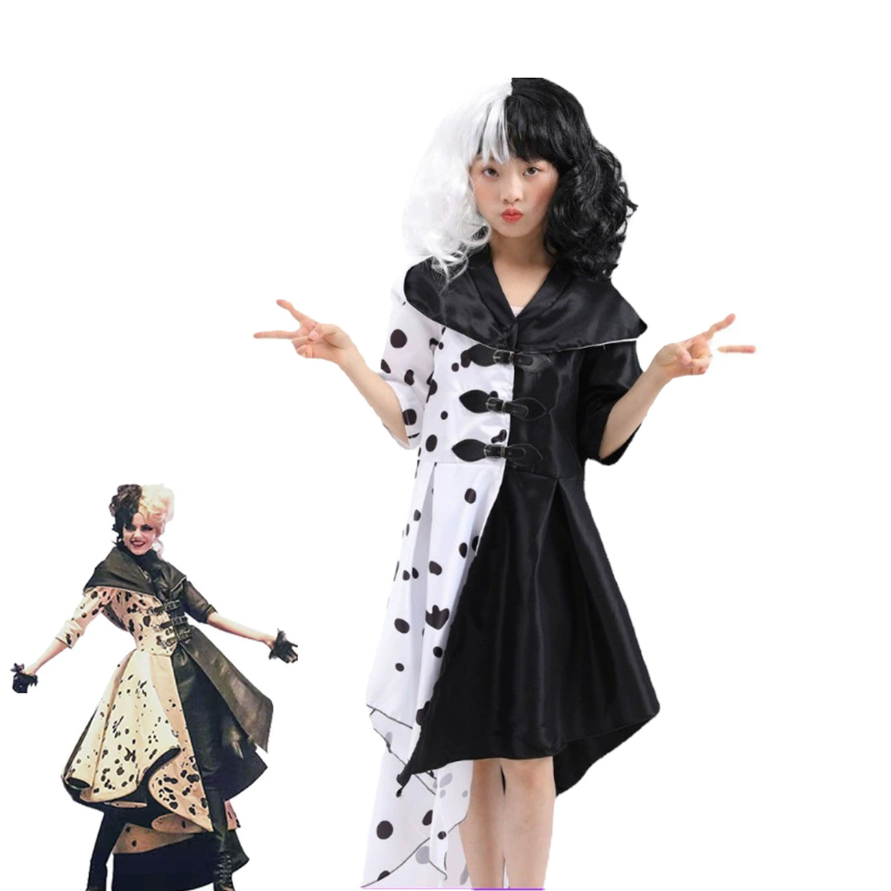 黑白魔女库伊拉Cruella斑点裙大童万圣节cosplay派对套裙101忠狗