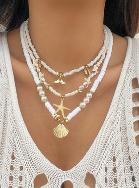 欧美跨境海洋风贝壳松石多层项链 沙滩海星串珠necklace项饰品女