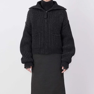 秋季感加厚女士宽松针织衫上衣深咖色polo领拉链开衫毛衣外套