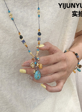 复古时尚精致流苏松石串珠长款项链轻奢小众感编绳串珠毛衣链