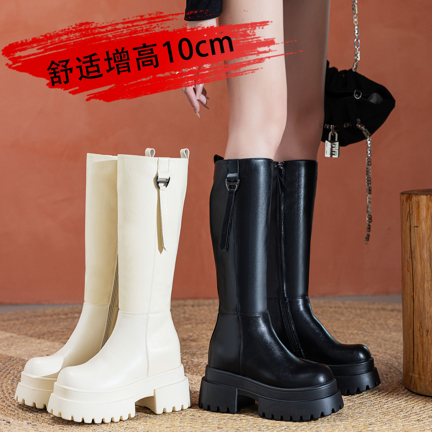 真皮高筒骑士靴女10CM内增高长靴
