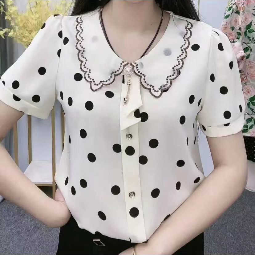 新款娃娃领夏季短袖女妈妈装显瘦遮肉时尚百搭显瘦宽松花色T恤衫