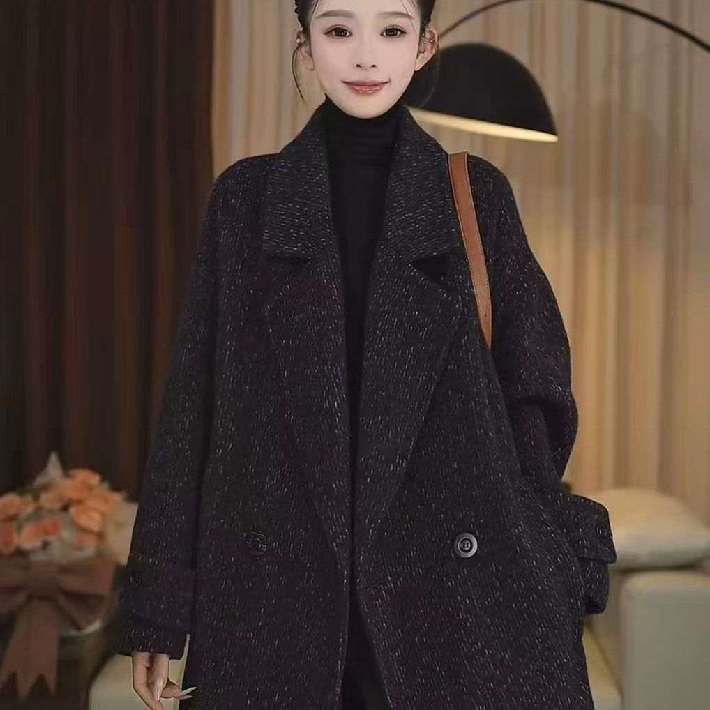 2025年新款黑色羊毛呢外套女通勤百搭大衣韩版宽松时尚毛呢简约风