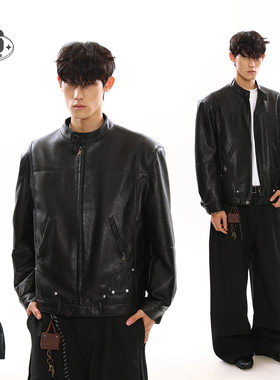 YUU冬季保暖pu皮羽绒服男痞帅暗黑色立领皮衣羽绒服机车外套YR002