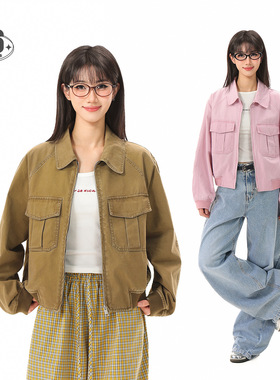 N-52TRW美式复古水洗翻领粉色工装外套女生美式休闲百搭夹克W207