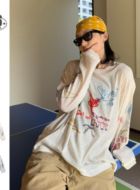 YUU手绘涂鸦印花长袖袖T恤宽松透气夏季男女美式街头情侣上衣T270
