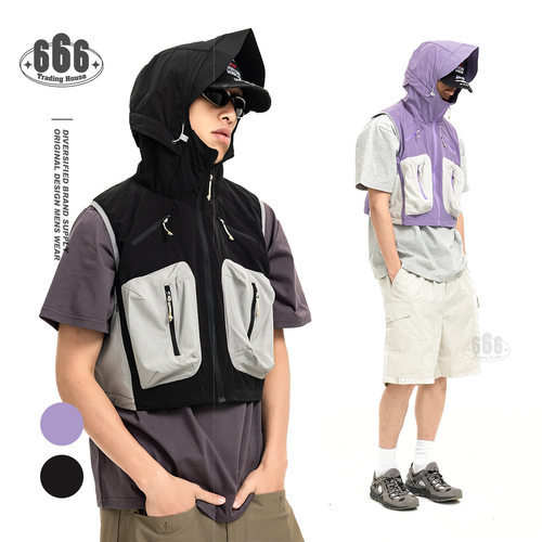 FORN3山系连帽工装马甲男户外拼接机能风口袋背心露营风外套N1818