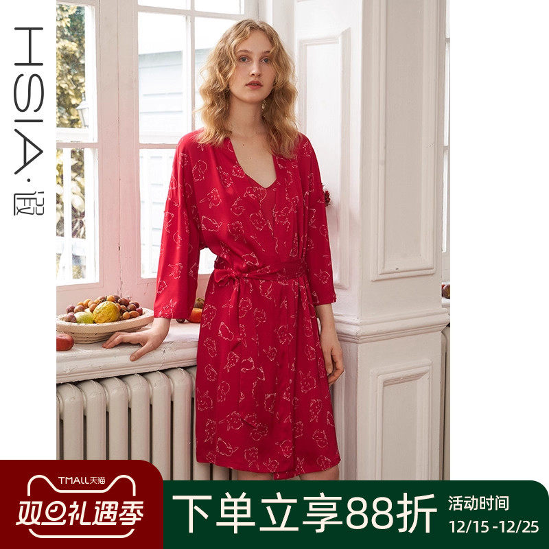【人丝贡缎】遐睡袍女宽松睡衣家居新年本命年红色新娘结婚晨袍