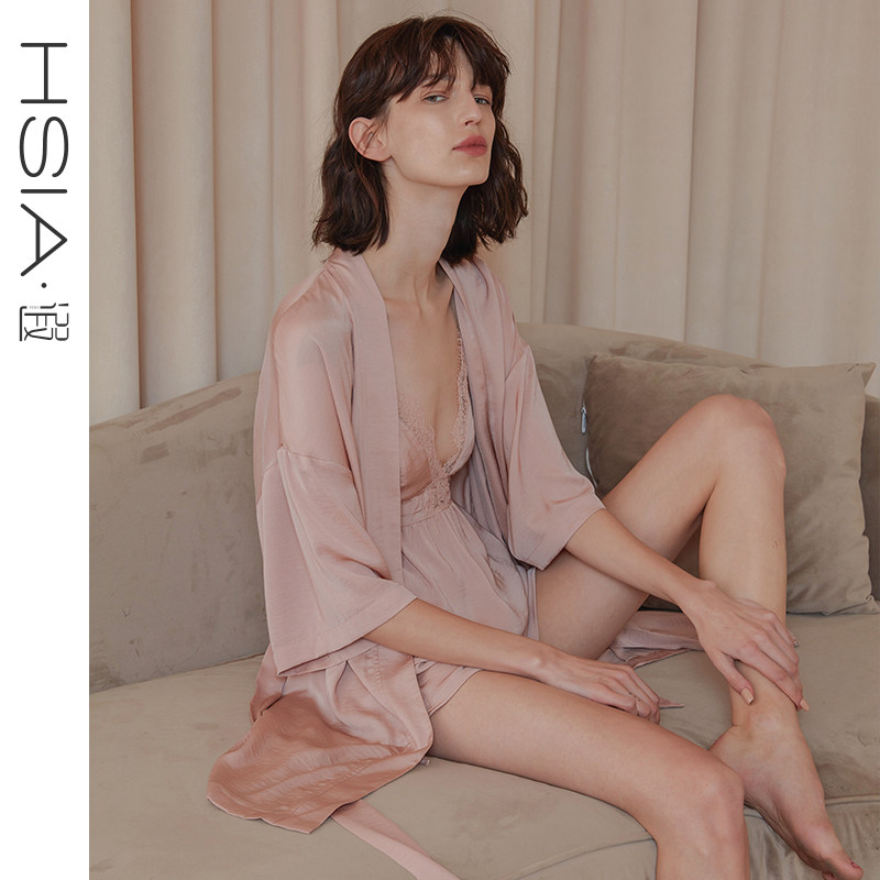 HSIA遐 中长款浴袍婚礼新娘晨袍薄款冰丝仿真丝日式和服睡袍女夏