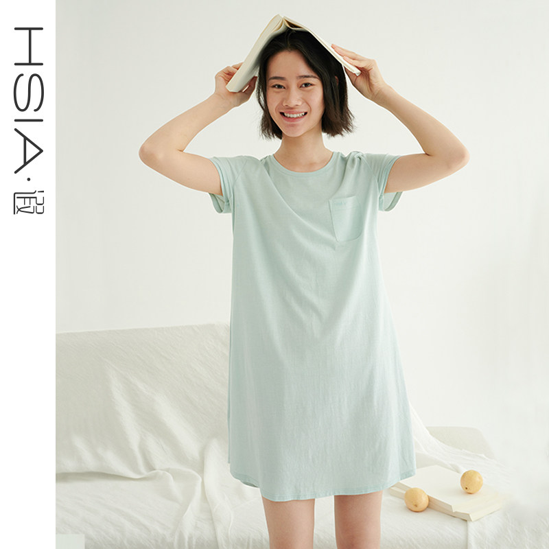HSIA遐 睡裙女夏薄圆领短袖亲肤透气显瘦睡衣裙舒适棉莫长T家居