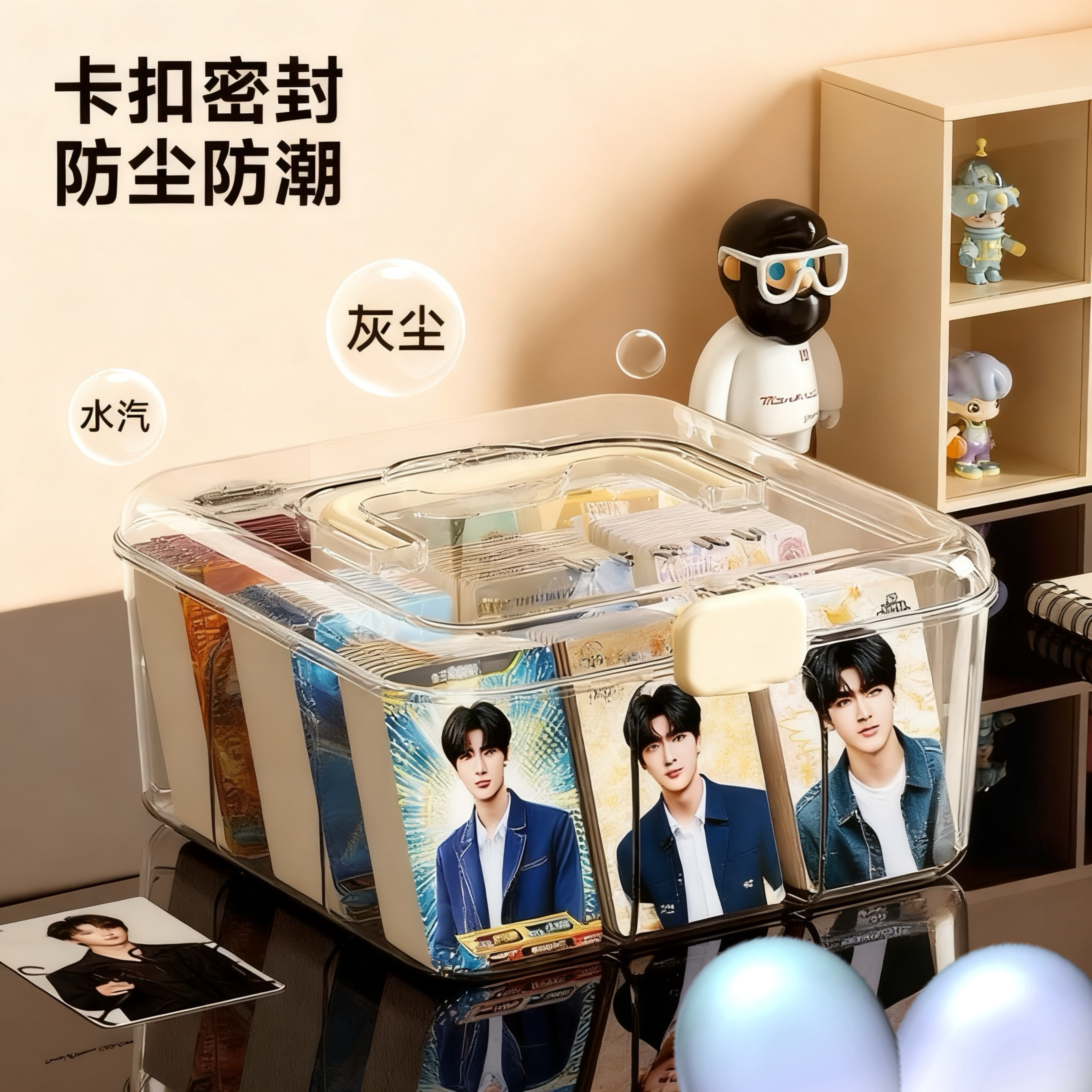 卡片收纳盒透明桌面带盖防尘整理盒 大容量手提明星卡片整理盒格