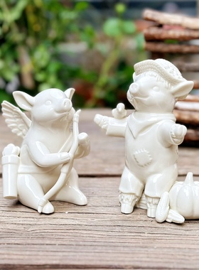 持续瓷生 出口白膜陶瓷宠物天使丘比特稻草人猪工艺品摆件