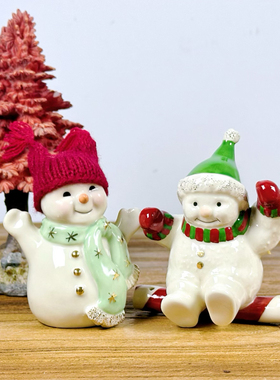 持续瓷生 出口陶瓷红帽绿帽雪人少件坐糖棍拐杖圣诞节日装饰