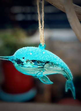 持续瓷生 出口圣诞节玻璃挂件海洋手工制作蓝色海豚摆件创意礼物