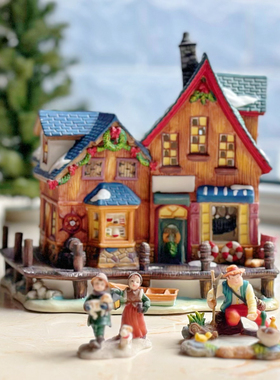 持续瓷生 出口owell陶瓷老货房子人物抱狗湖边小船场景脱色少件