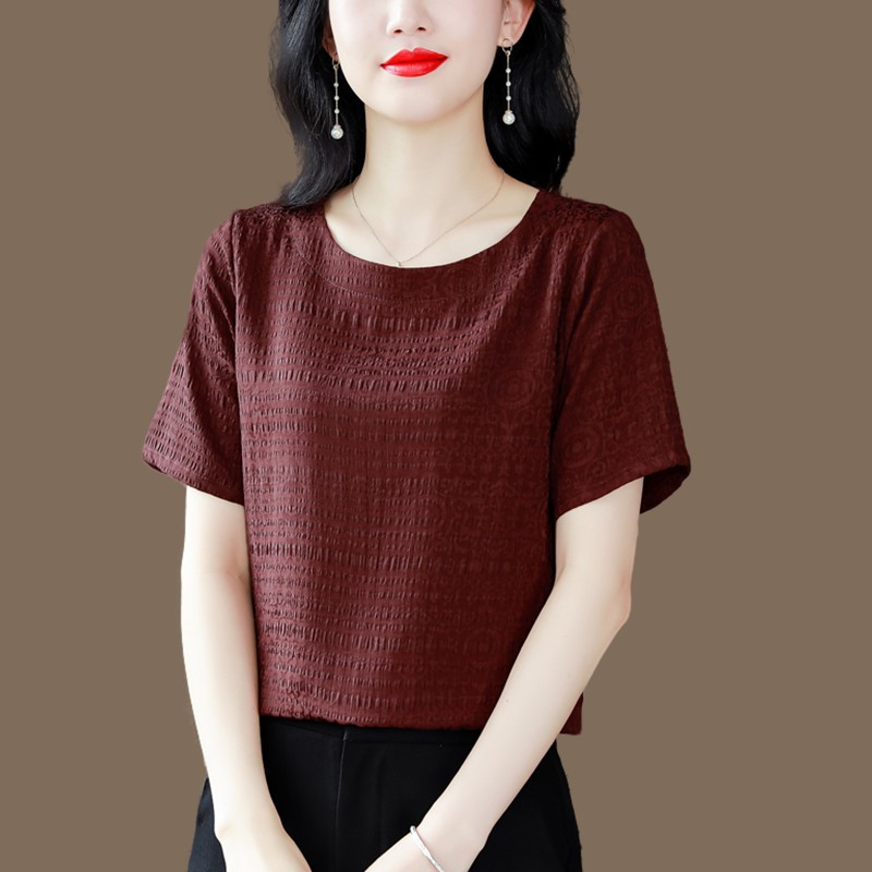 妈妈夏季提花缎面桑蚕丝短袖上衣女时尚气质圆领休闲真丝t恤小衫