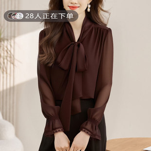 咖色蝴蝶结v领衬衫女装长袖早春季新款宽松雪纺上衣洋气打底小衫