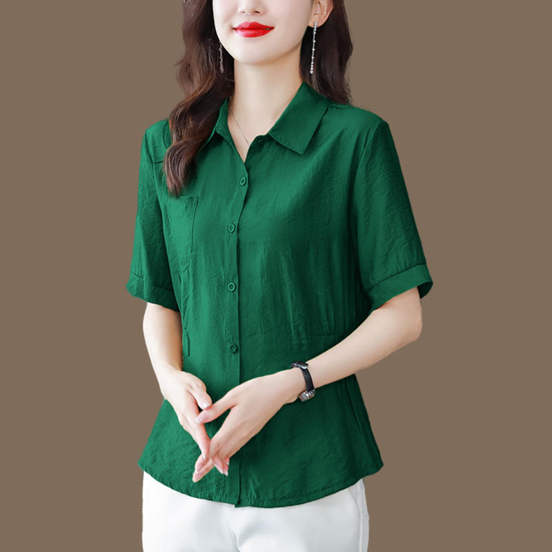 棉麻短袖衬衫女新款2023年大码女装纯棉t恤衬衣夏季女士翻领上衣