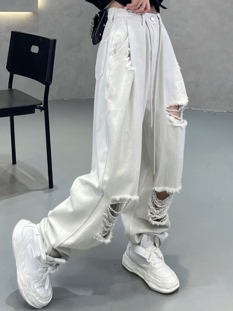 여성용 스트레이트 찢어진 청바지 패트 MM를 위한 트렌디한 여름 얇은 섹션 다용도의 하이웨이스트 신축성 있는 루즈한 와이드 레그 팬츠