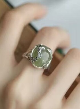 绿意盎然新中式浮雕浪花纹绿色古风戒指小众国风轻奢精致开口戒