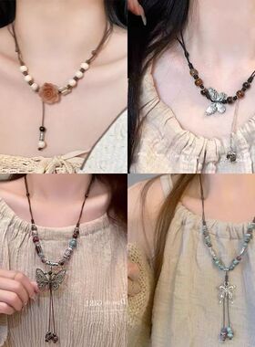 新中式民族风蝴蝶项链小众古风高级感长款编织毛衣链美拉德锁骨链