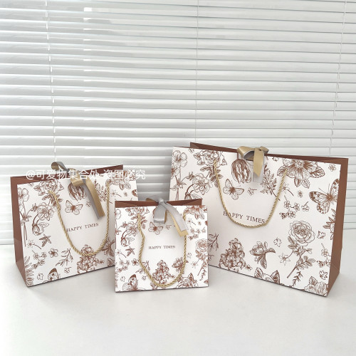高级感礼品袋结婚伴手礼手提袋金棕蝴蝶花朵生日礼物包装袋纸袋子