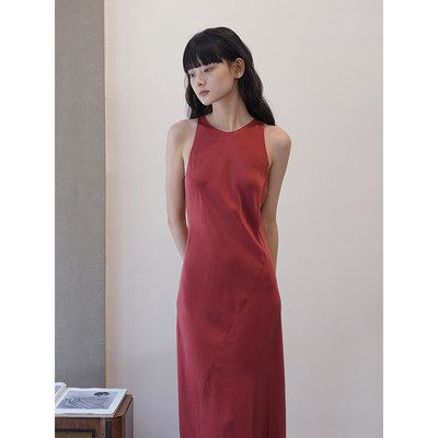 熔岩红无袖长款修身连衣裙