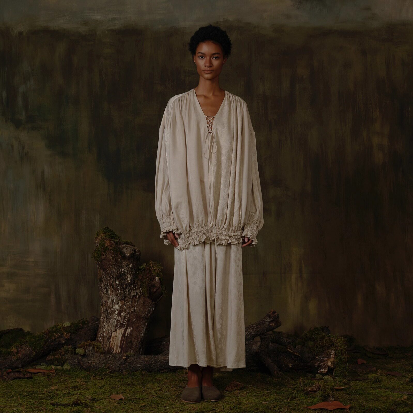 Cha 官方 | Mutedance 25AW 植物染真丝提花假两件抽褶系带连衣裙