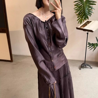 Cha 官方 | Mutedance 25AW 绛紫色植物染真丝混纺收腰飘带衬衫