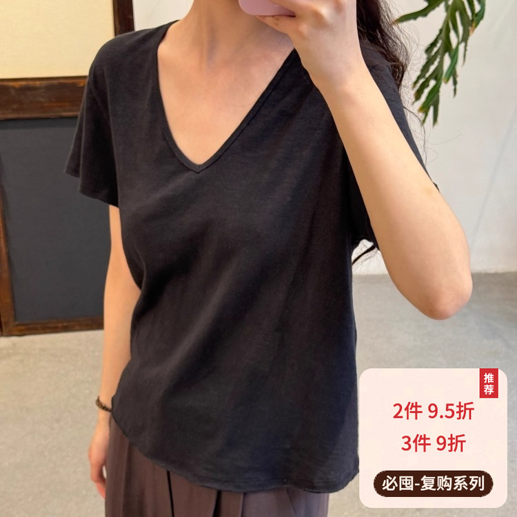 io adesso futura 25春夏 进口天然染色棉麻混纺V领短袖